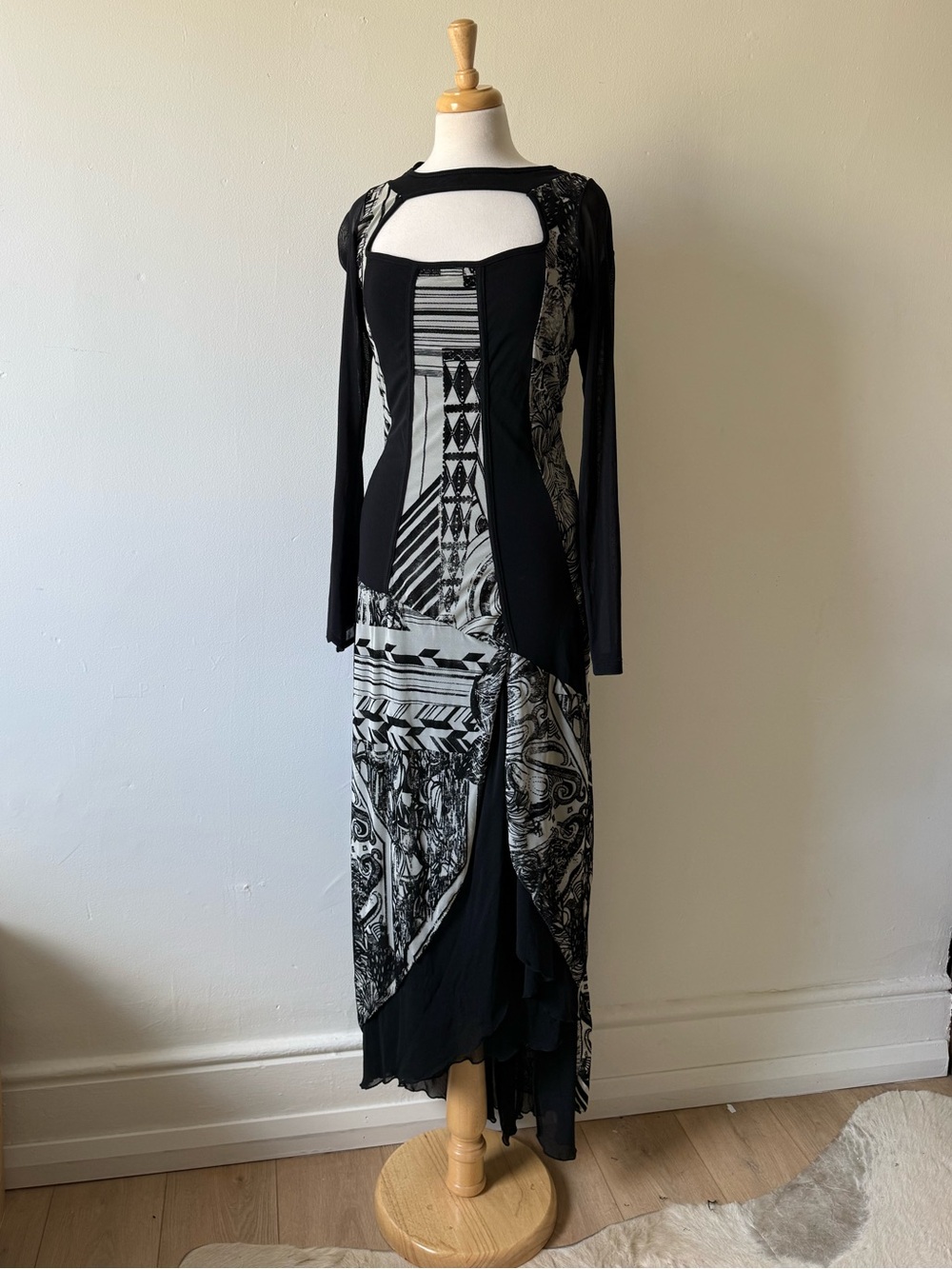 Vintage God Save Queens Avant-Garde Mesh Maxi Dress Black White Abstract Print